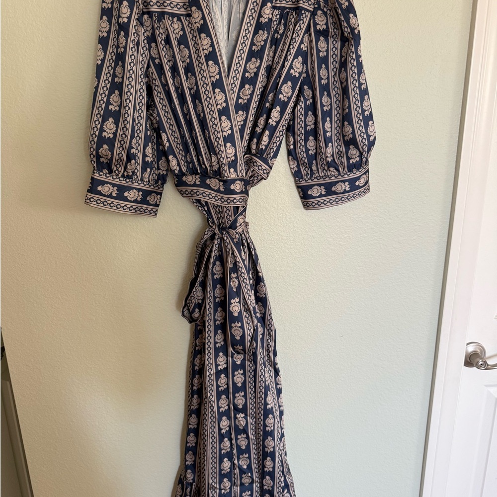 Sandro Paris Navy and Cream Silk Floral Wrap Dress